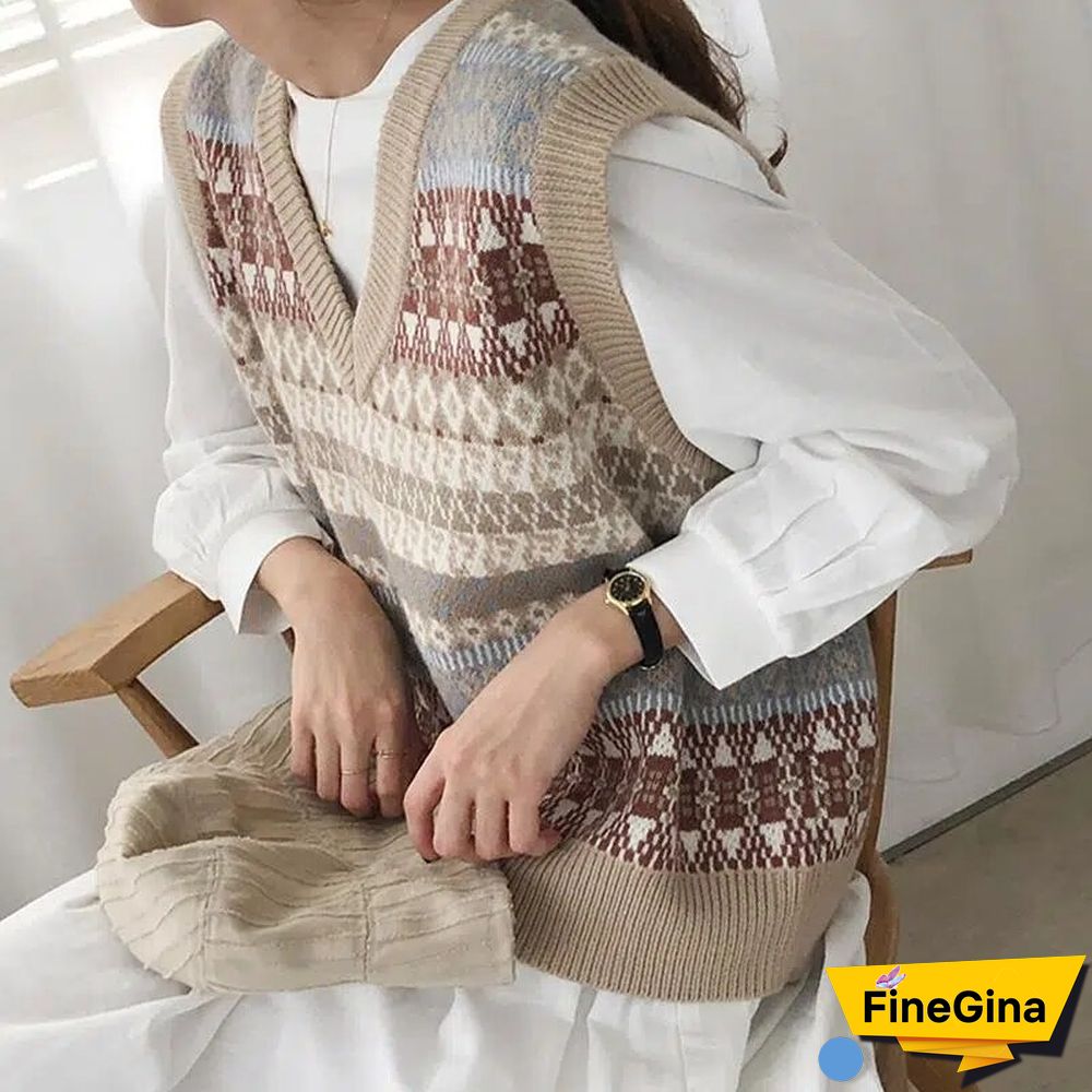 Vintage Harajuku V-Neck Women Sweater Vests Fall Fashion Loose Sleeveless Y2k Waistcoat Casual Korean Chic Sweater Tanks