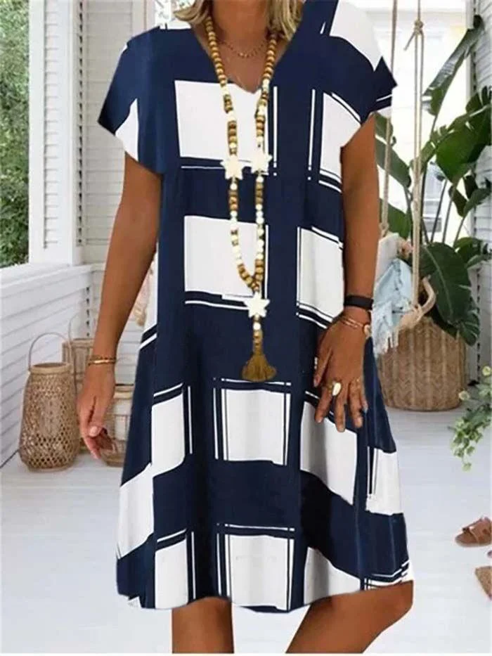 Summer Lattice Print Casual Dress Women's V-neck Short Sleeve Vintage Dresses For Women Plus Size Beach Boho Loose Midi Dress