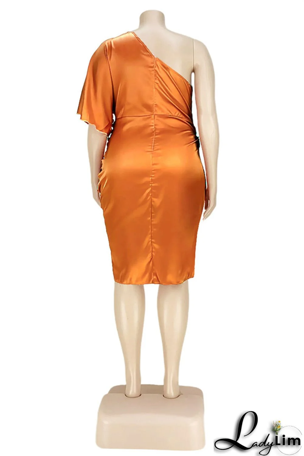 Ink Green Fashion Plus Size Solid Split Joint Backless Fold Oblique Collar Irregular Dress