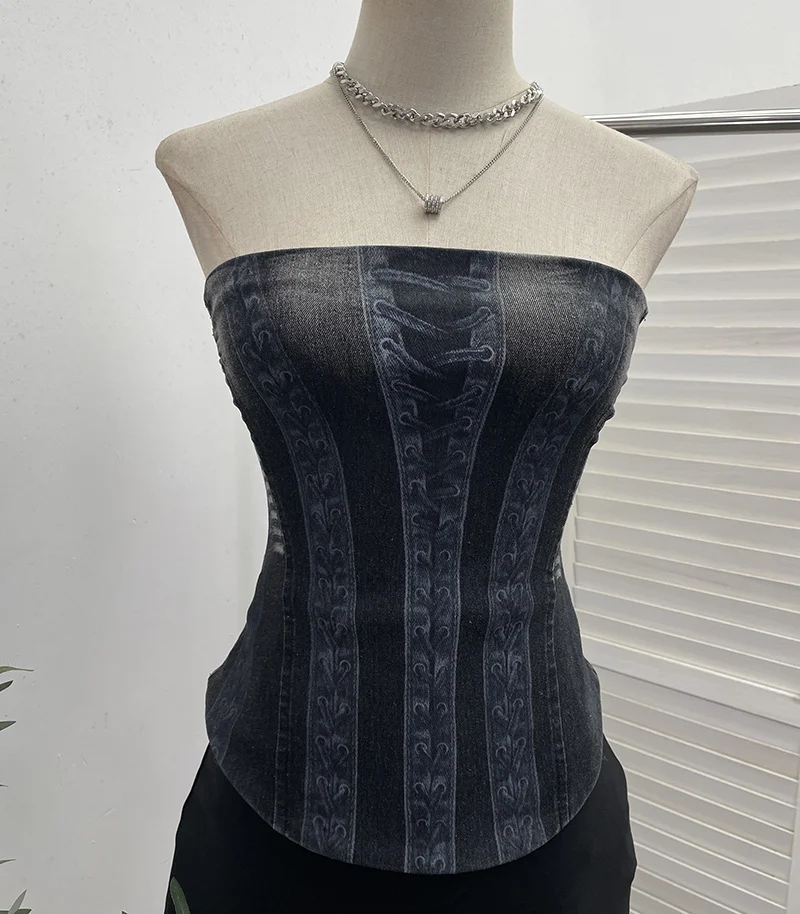 Churchf Vintage Denim Print Strap-On Corset Tsets Tsets Tsets Tsets Sleeveless Short Tops
