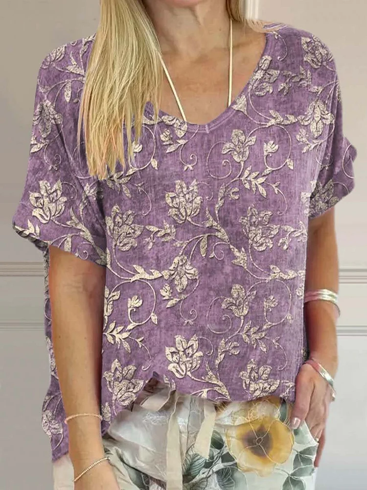 Women's Vintage Lovely Floral Art Print Casual Cotton And Linen Shirt