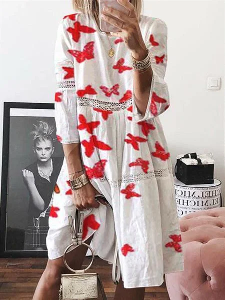 Casual Butterfly Floral Printed  Lace Dress