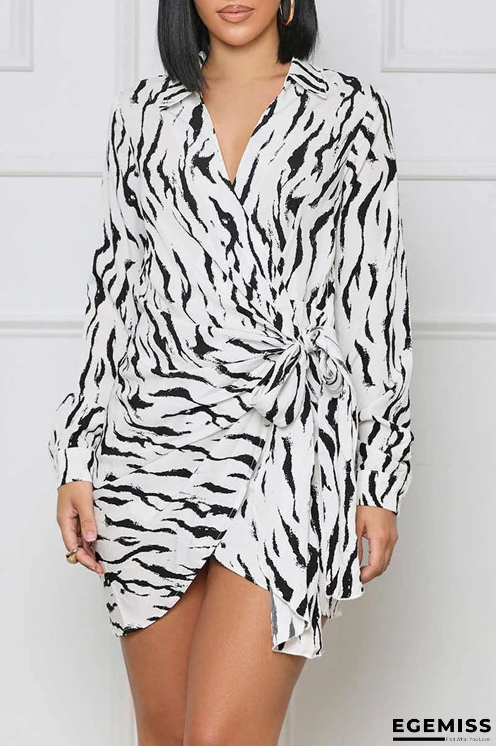 White Casual Print Bandage Patchwork Asymmetrical V Neck Irregular Dress Dresses | EGEMISS