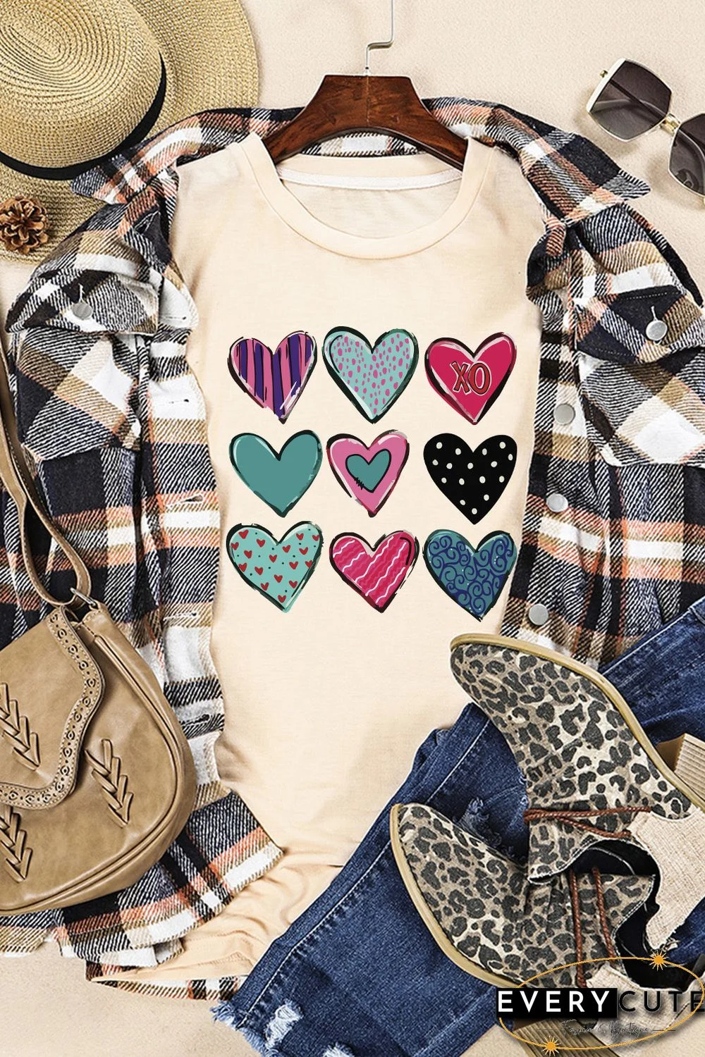 Khaki Valentines Multi Pattern Heart Print T Shirt