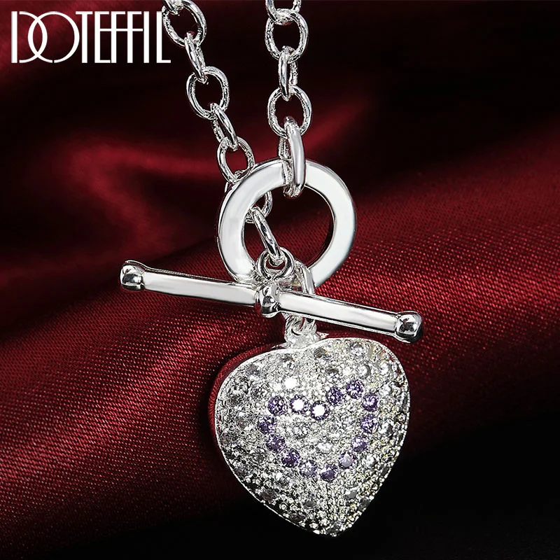 DOTEFFIL 925 Sterling Silver 18 Inch Purple AAA Zircon TO Chain Heart Pendant Necklace For Women Jewelry