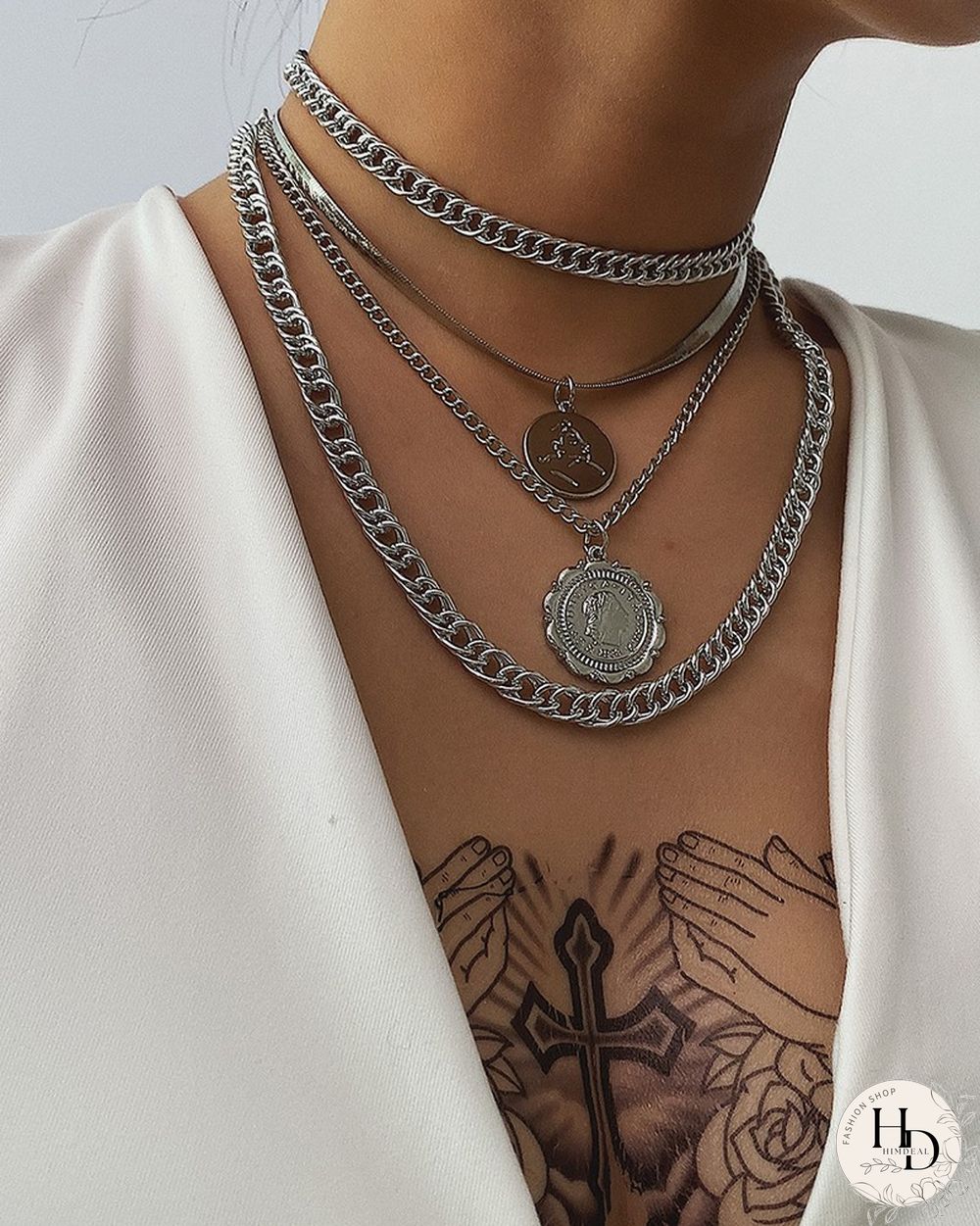 Soild Color Hip-hop Metalic Round Lace Tag Chain Necklace