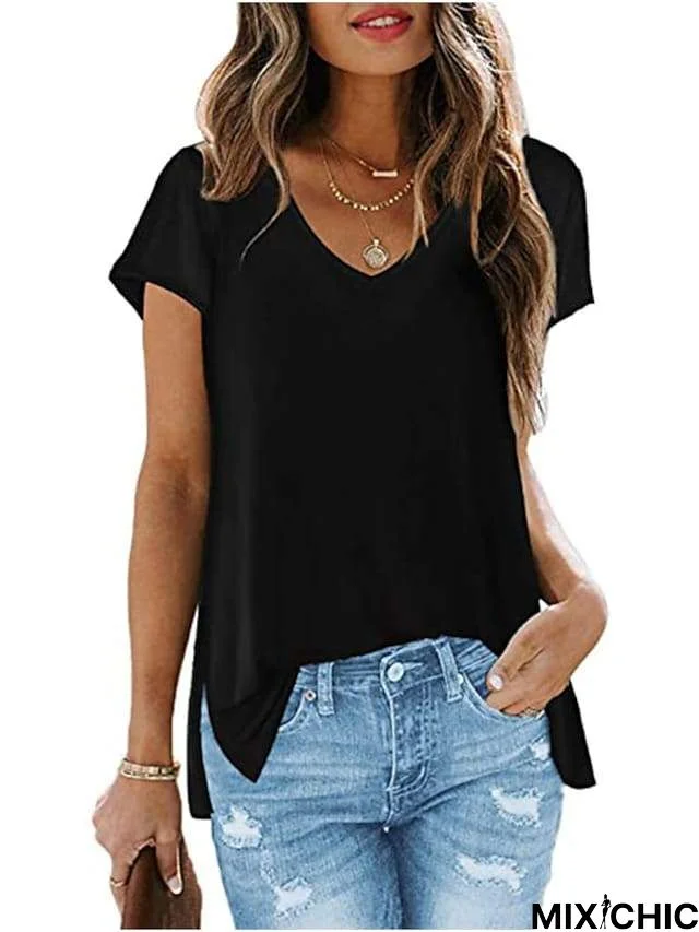 V Neck T Shirts for Women Loose Fit Soft Tops Basic Side Split Casual Summer Tees Green L