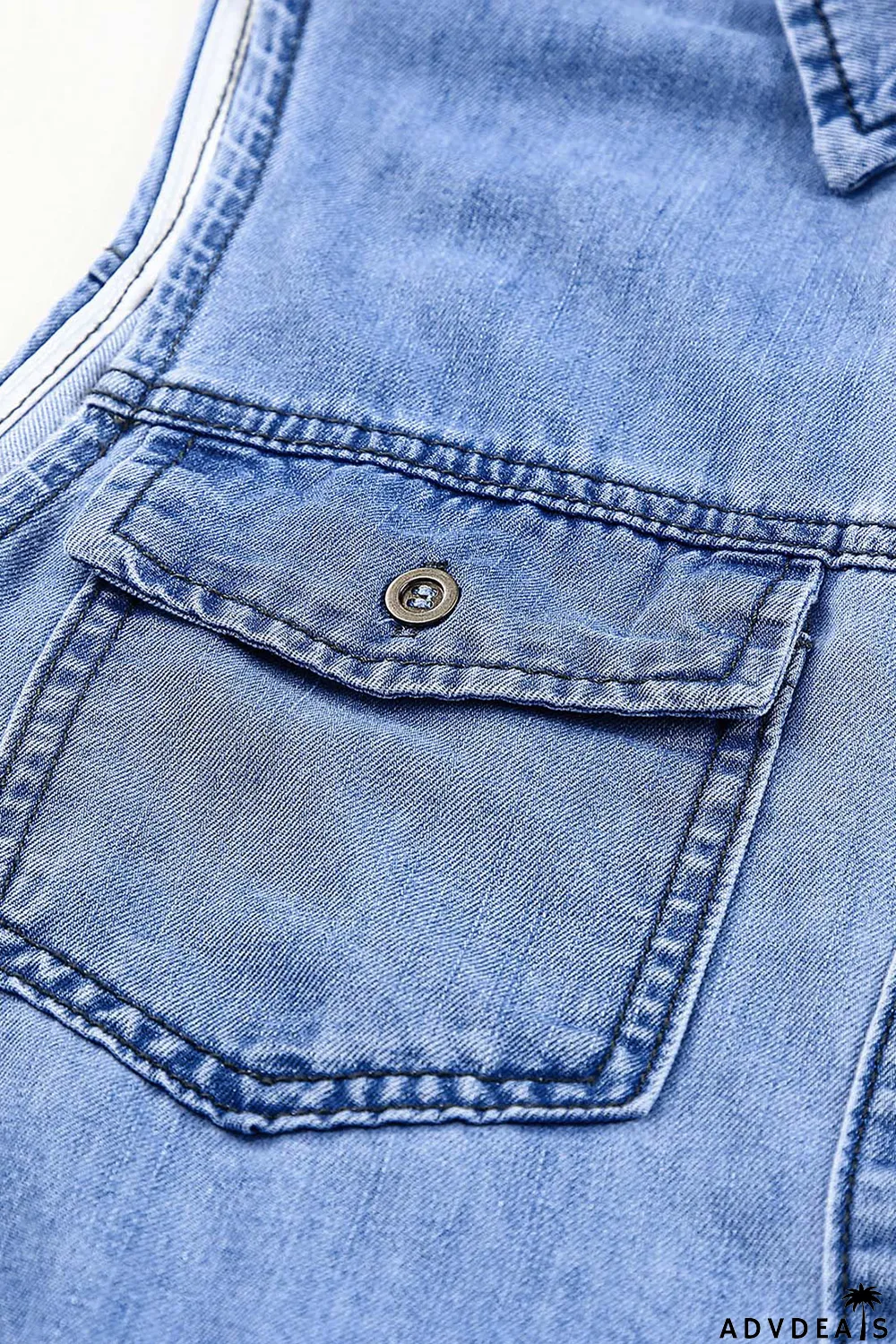 Sky Blue Flap Pockets Button up Sleeveless Denim Dress