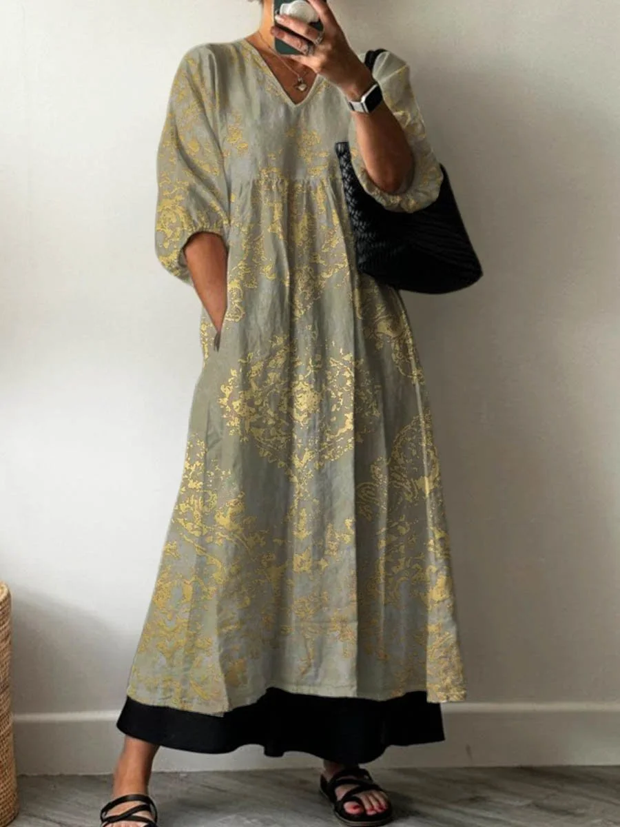 Women's Vintage Lovely Floral Art Print Pocket V-neck Cotton Dress