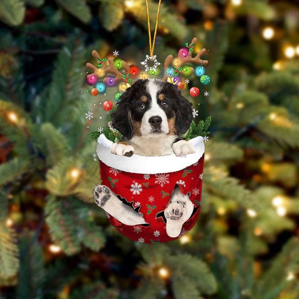 Bernese Mountain In Snow Pocket Christmas Ornament.