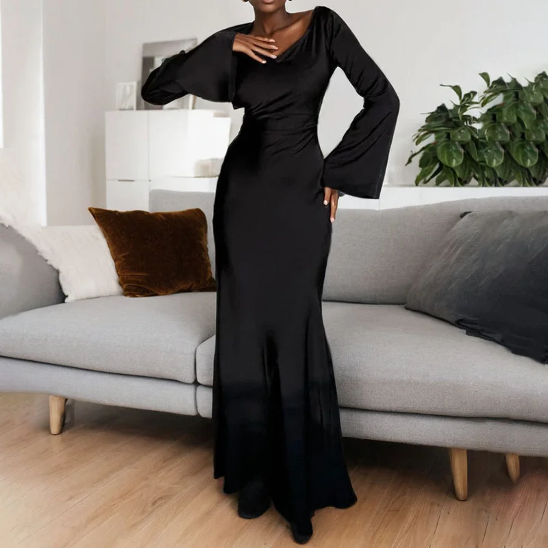 Uveng Uveng New Women's Wear Elegant Sexy Waist Round Collar Long Sleeves Slim Winter Dress