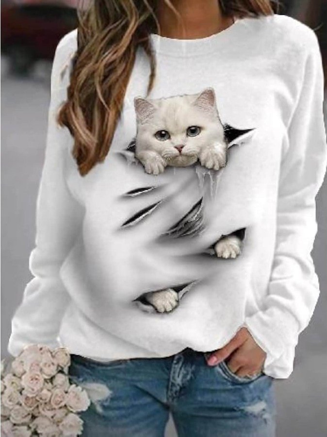 Fashion Cat Print Long-Sleeve Sweatshirt