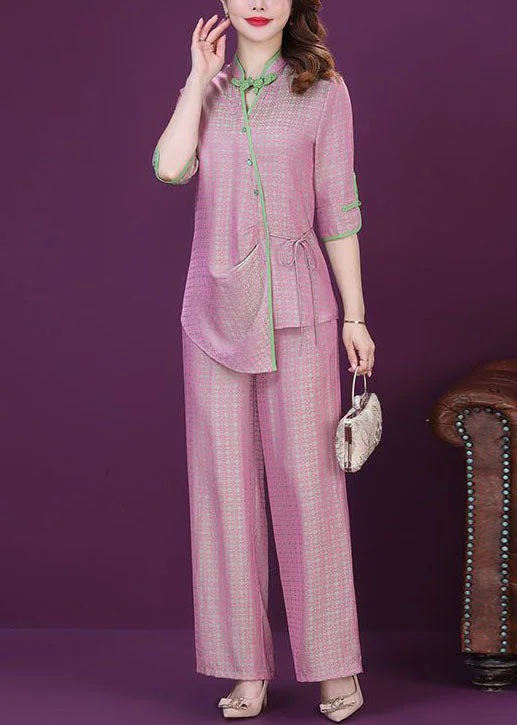 Style Pink Chinese Button Tops And Pants Silk Two Pieces Set Spring