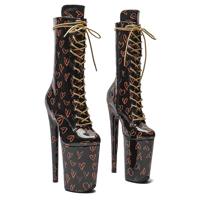 TAAFO 23CM/9inches Patent PU Love Pattern Upper Boots High Heels Platform Pole Dance Shoes