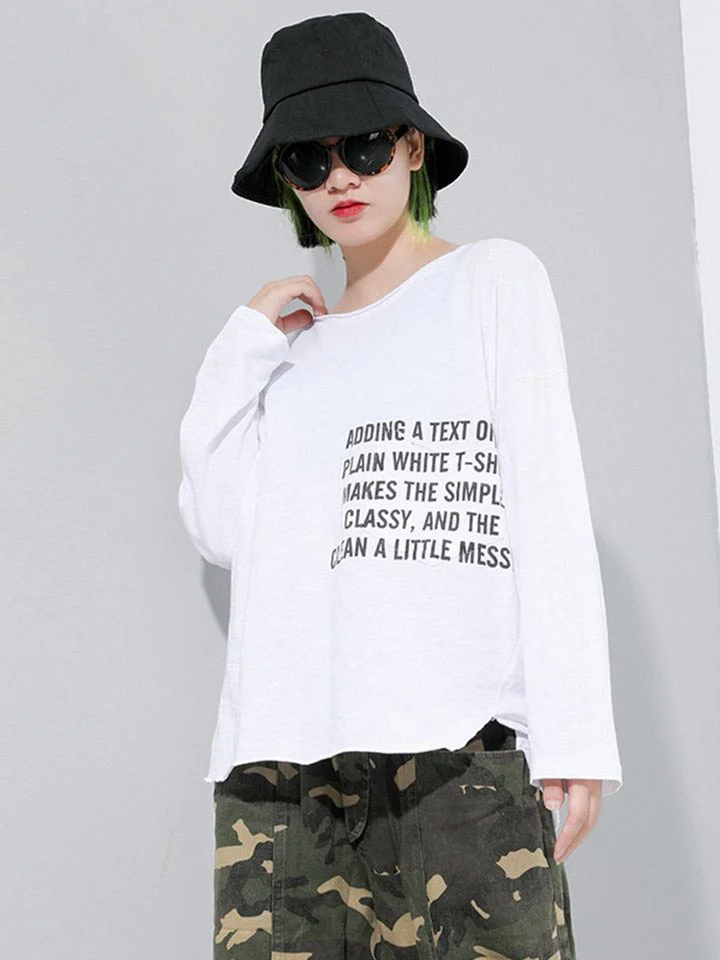 Casual Solid Color Round Neck Letter Printed Long Sleeve T-shirt  