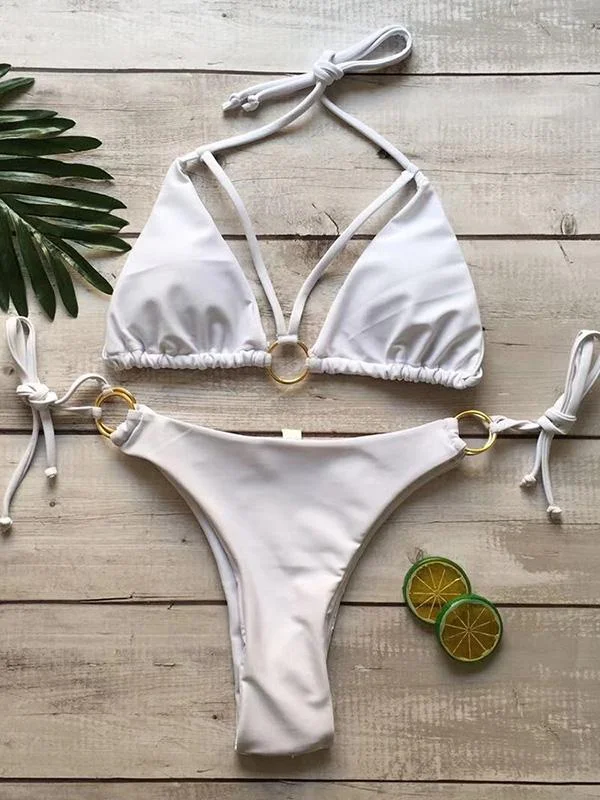 Solid Color Hollow Triangles Split Bikini Swimsuit