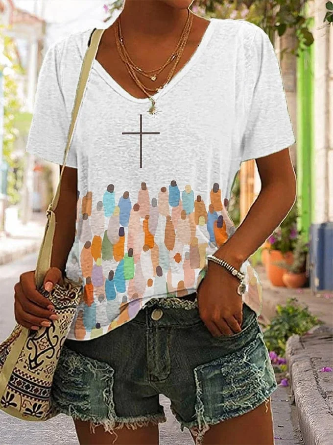Women's Faith Respect Jesus Print V-Neck T-Shirt