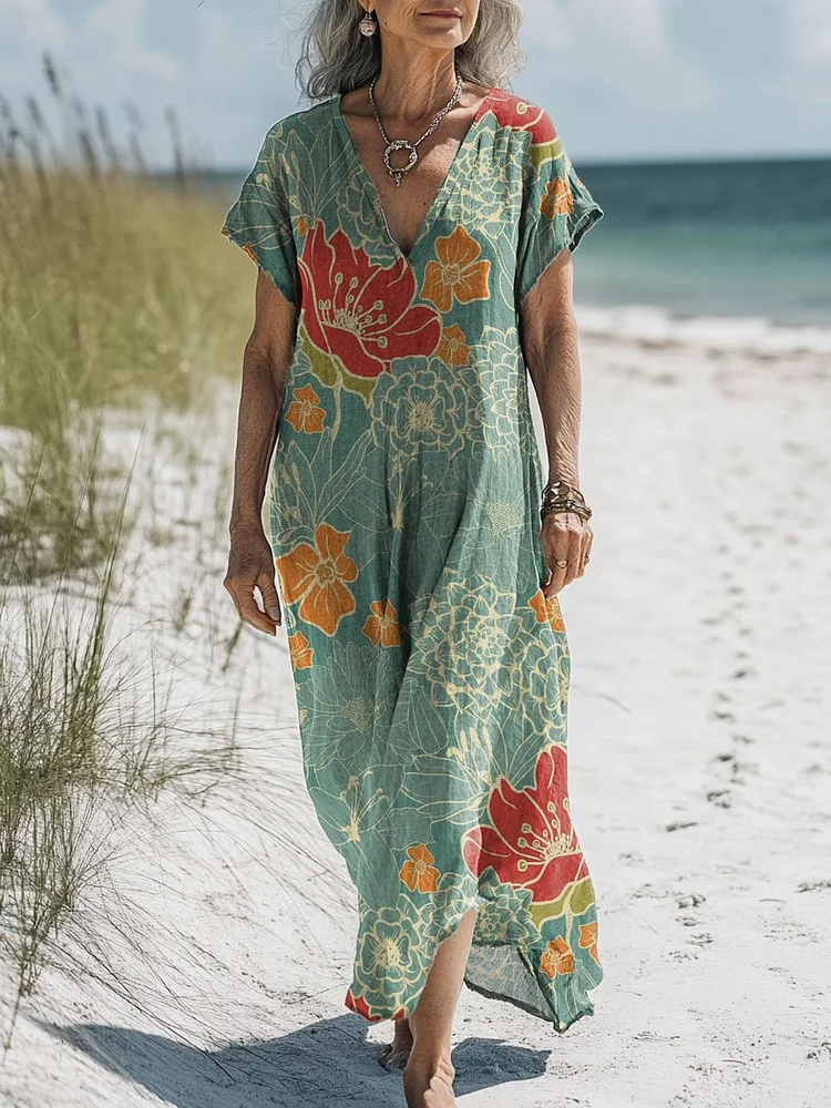 Women's Vintage Flower Art Print Pocket Cotton Dress