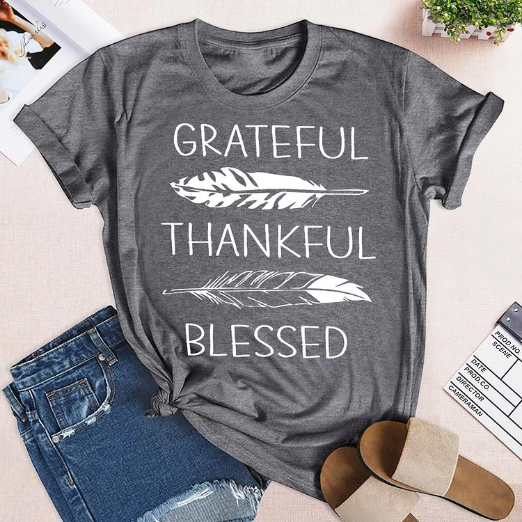 Grateful Thankful Blessed  Feather  T-Shirt Tee-04347-Annaletters