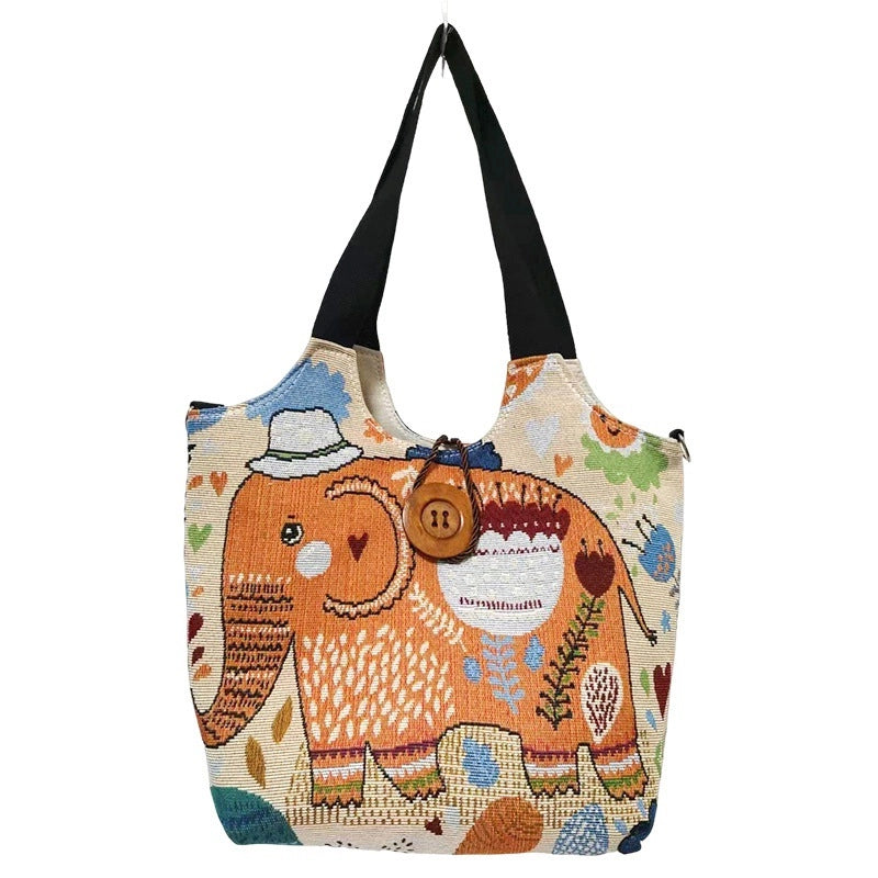 Women’s Large Canvas Elephant Ethnic Style Square Zipper Shoulder Bag