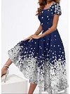 Women's Swing Dress Midi Dress Navy Blue Short Sleeve Floral Print Spring Summer Square Neck Elegant