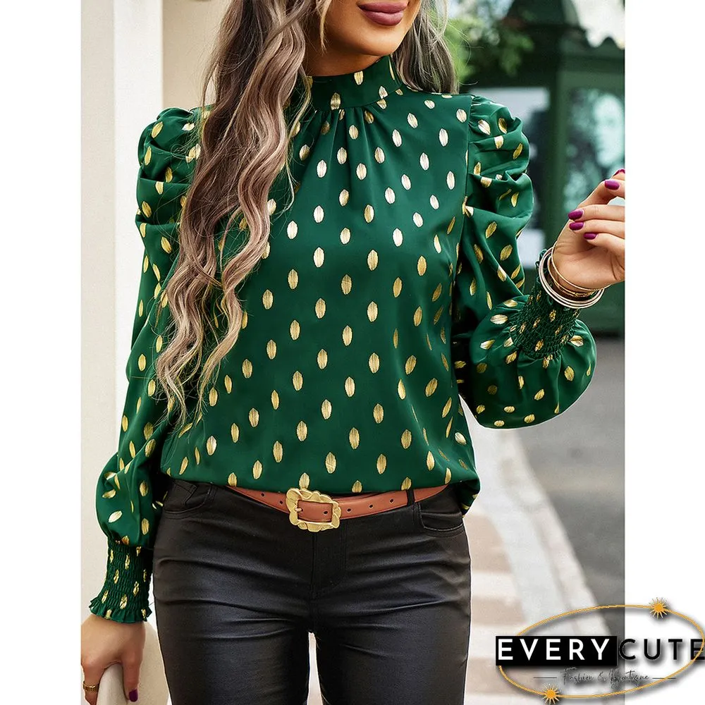 Green Polka Dot Pleated Cuffs Long Sleeve Tops