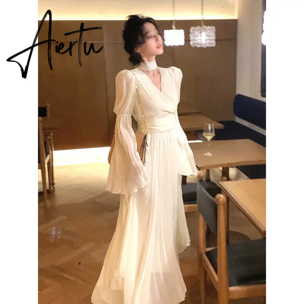 Spring Elegant V-Neck Midi Dress Office Lady Long Sleeve Casual One Piece Dress Korean French Vintage Chiffon Dress Women Aiertu
