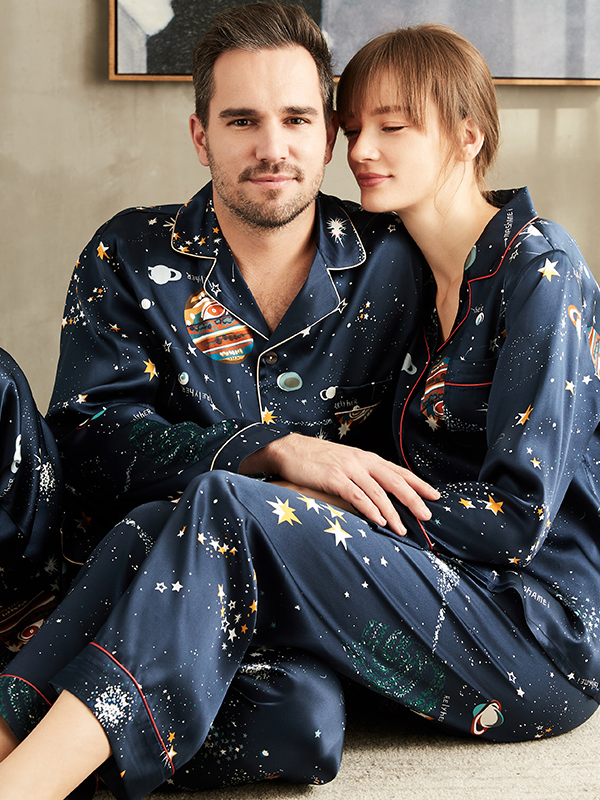 Pyjama classique en soie imprimé complé à manches longues pour couple- SOIE PLUS