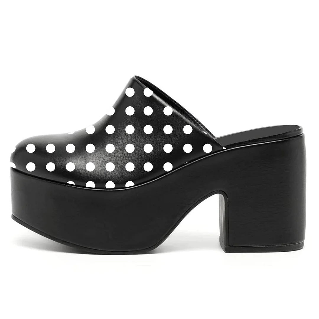 Black & White Round Toe Platform Polka Dot Block Heeled Mules