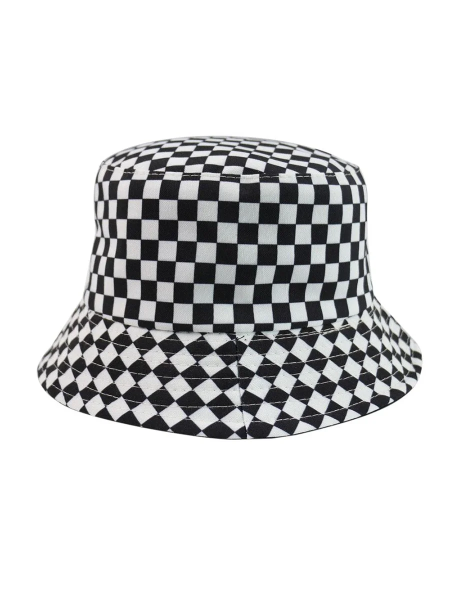 Fashion Fishing Cap Black White Plaid Check Bucket Hat