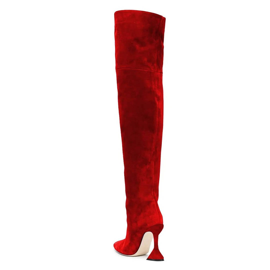 Red Vegan Suede Pointed Toe Flared Heel Over The Knee Boots