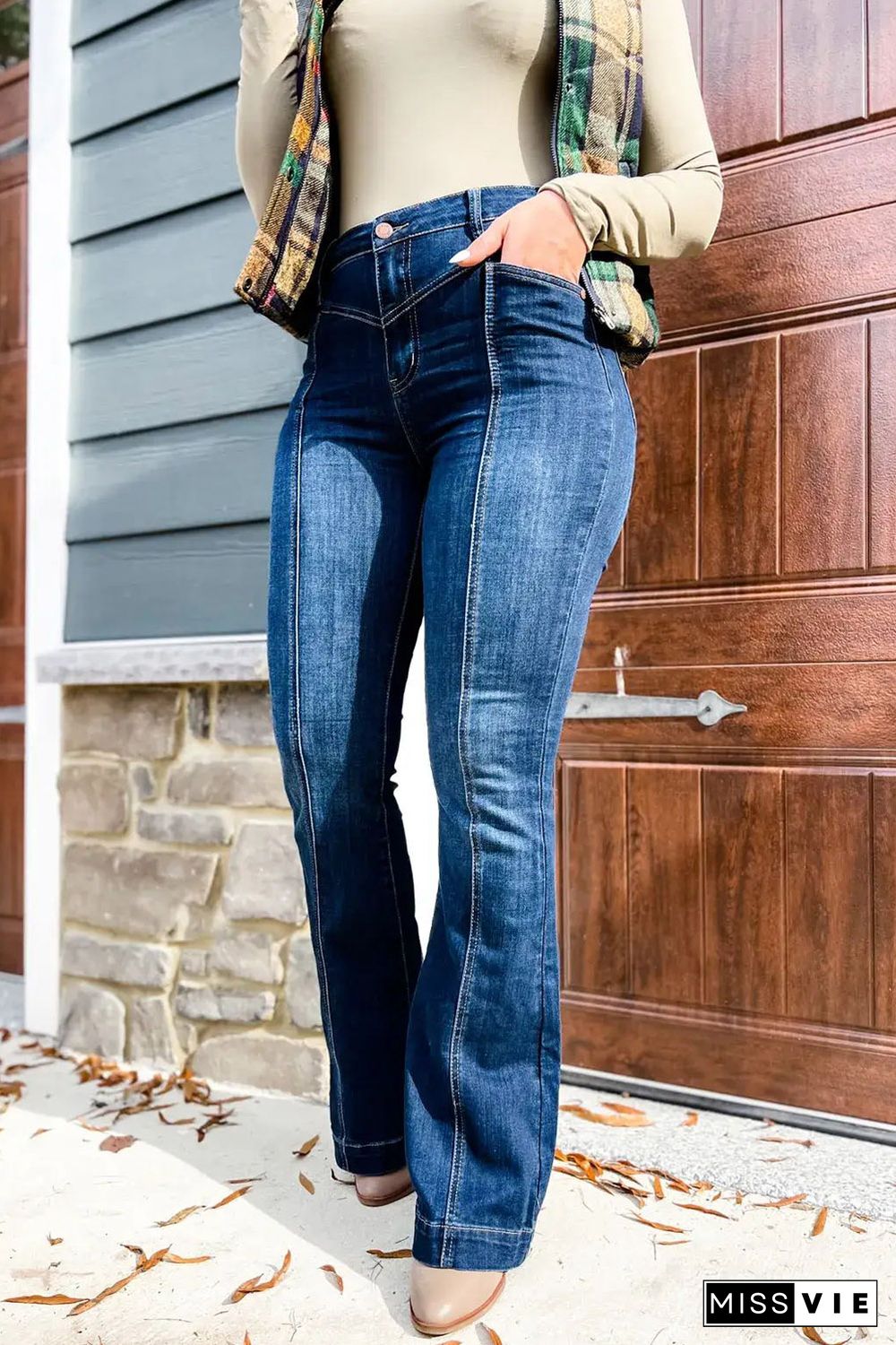 Blue High Waist Seam Stitching Pocket Flare Jeans