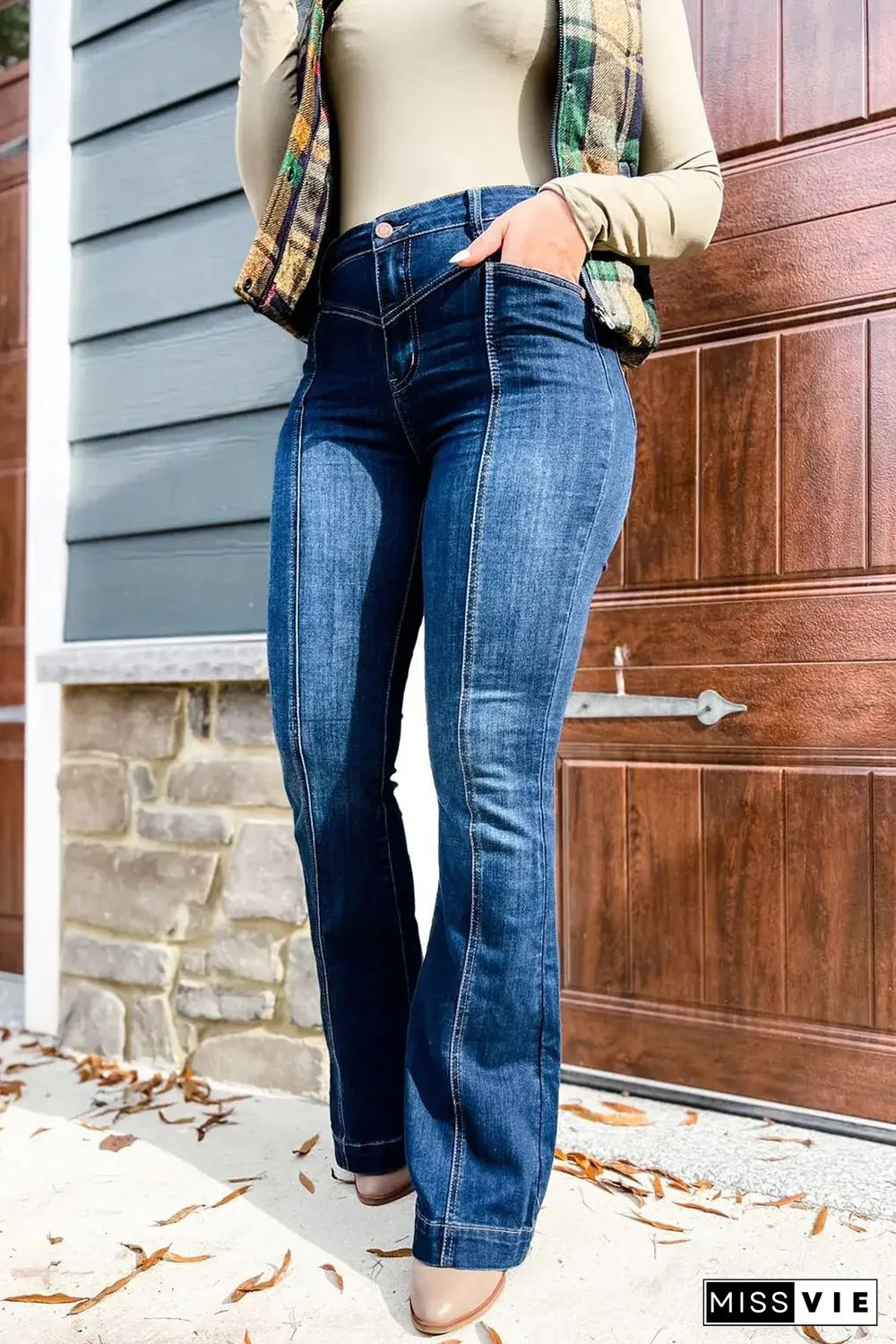 Blue High Waist Seam Stitching Pocket Flare Jeans