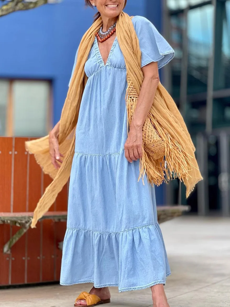 Solid Color Shot Sleeve V Neck Maxi Dress