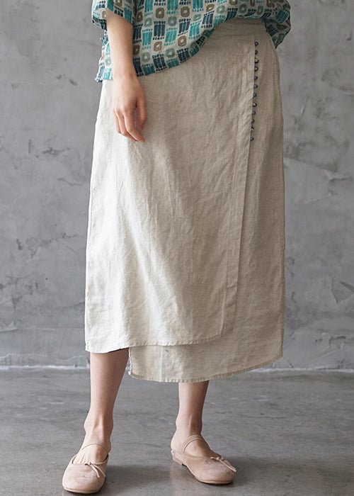 Fine Beige elastic waist asymmetrical design pocket Linen Skirts Spring CK1600- Fabulory