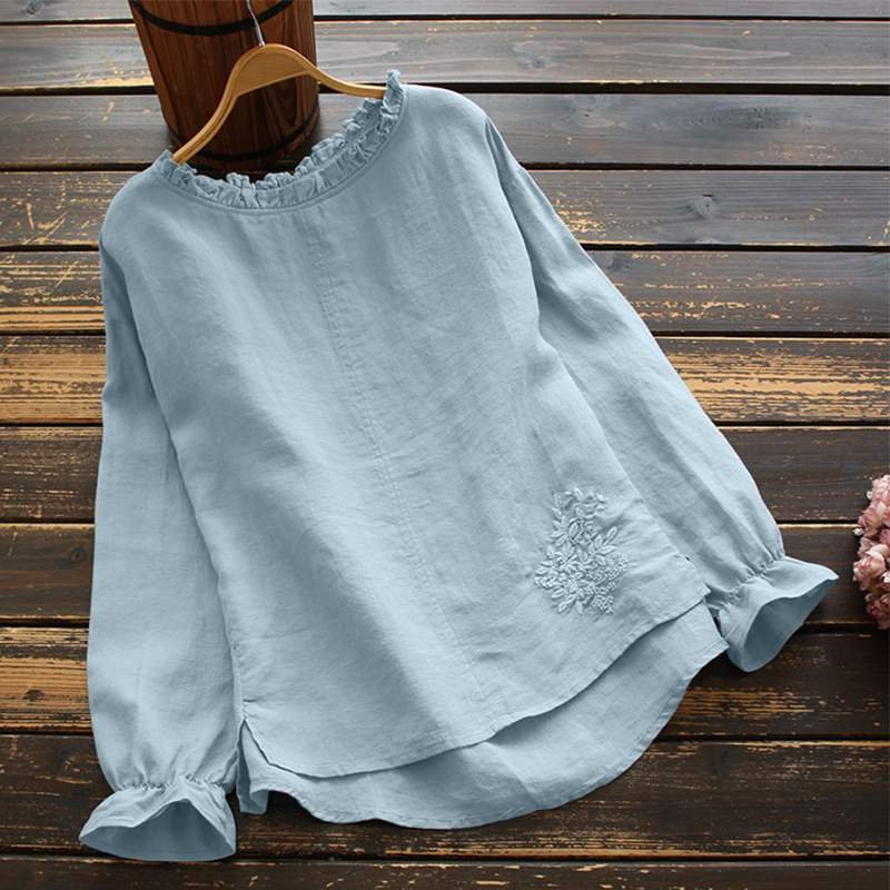 Fashion Embroidery Shirts Women's Autumn Blouse 2022 ZANZEA Casual Long Sleeve Ruffle Blusas Female O Neck Tunic Oversized Tops