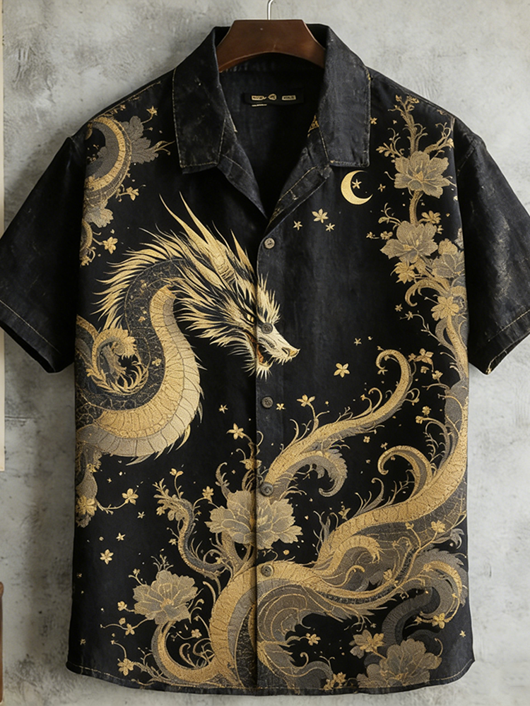 Japanese Art Retro Dragon Pattern Men's Short Sleeve Shirt  artssus
