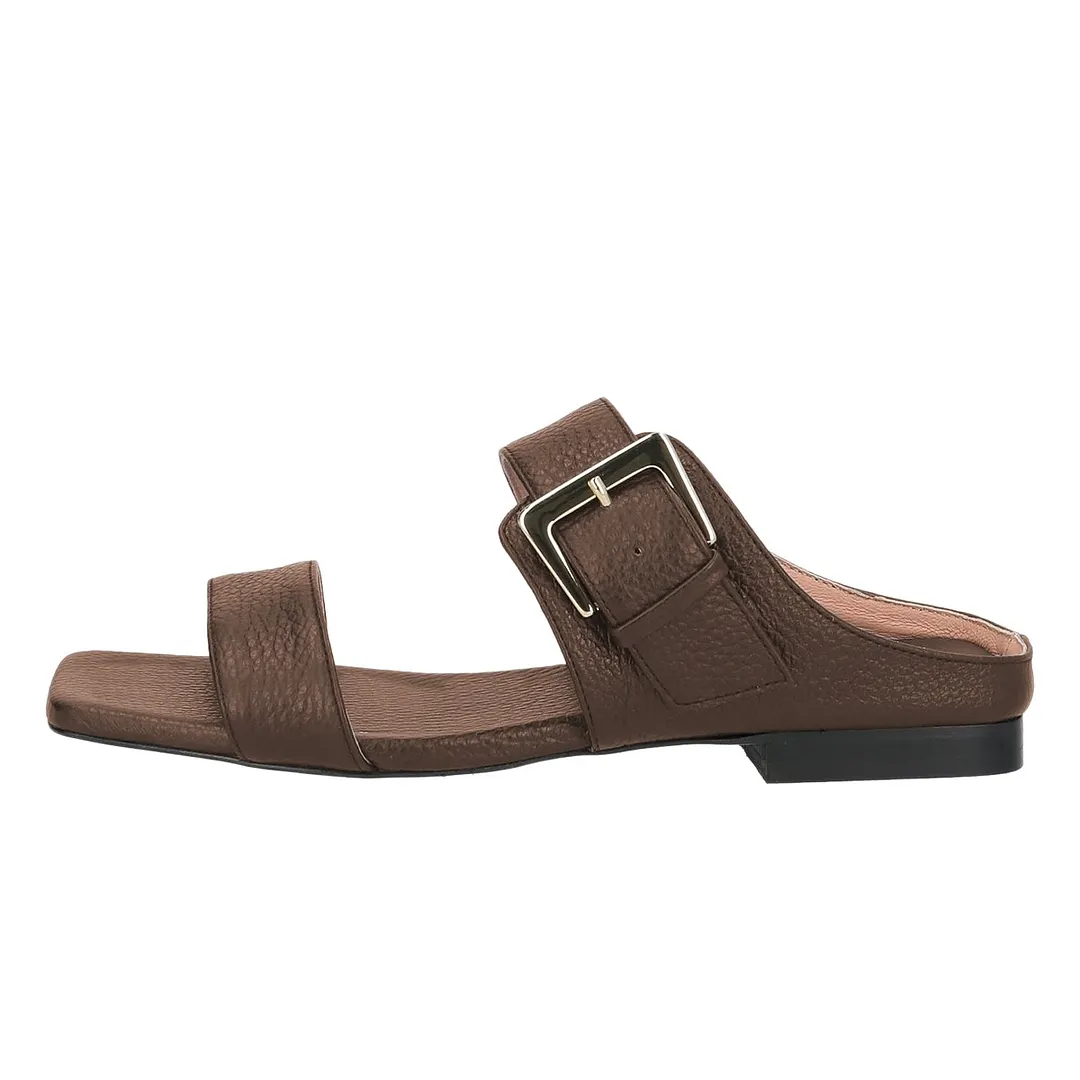 Women's Square Toe Flat Chocolate Brown Mules Shoes with Two Straps