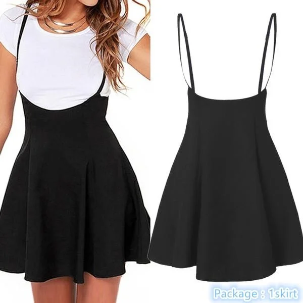 New Women Fashion Strappy Black Dress Pleated Mini Short Skirts A Line Brace Skirt