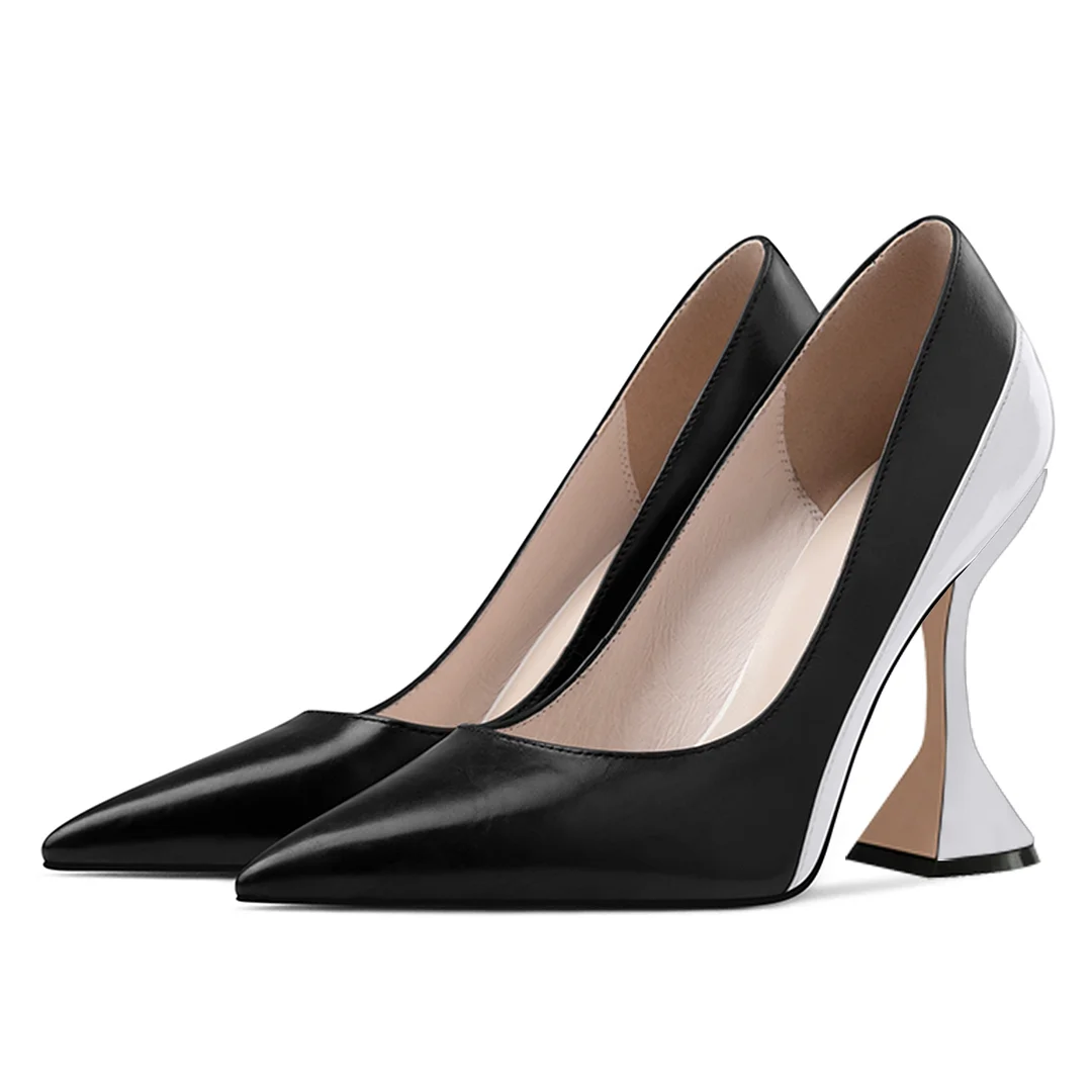 Black & White Vegan Leather Pointed Toe Classy Pumps with Flared Heel