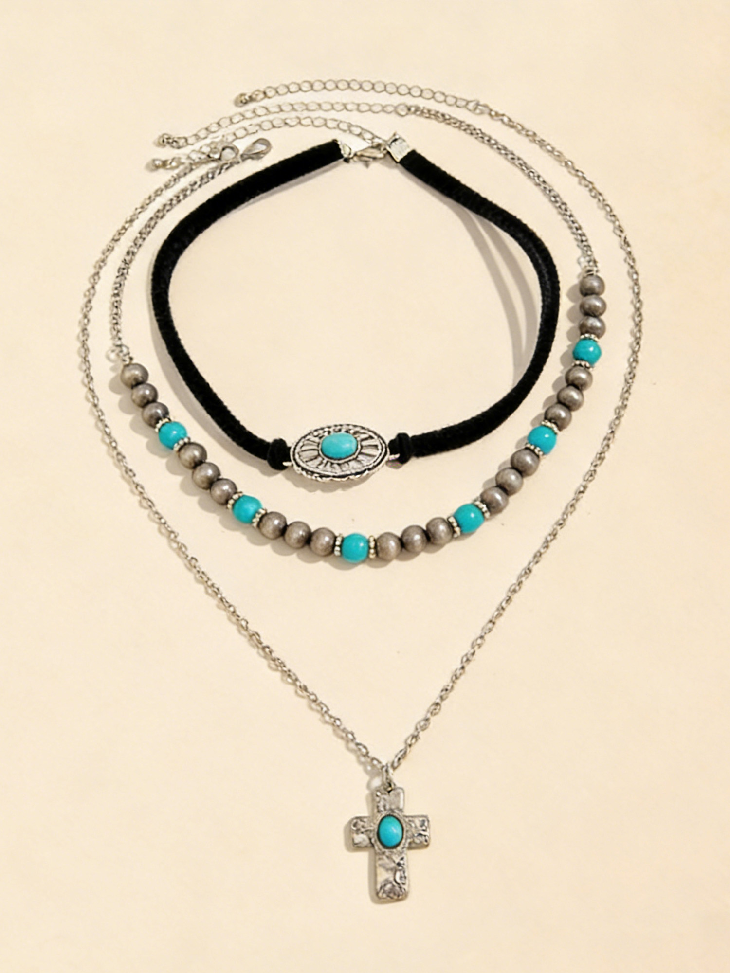 Turquoise Metal Cross Multi-Layer Necklace