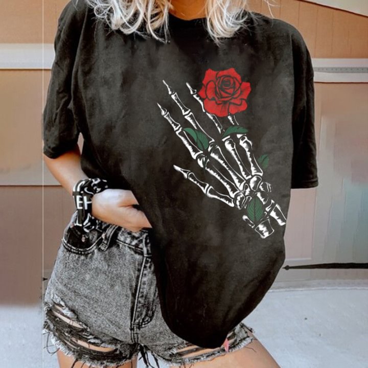 Minnieskull Casual beautiful rose print loose T-shirt - Minnieskull