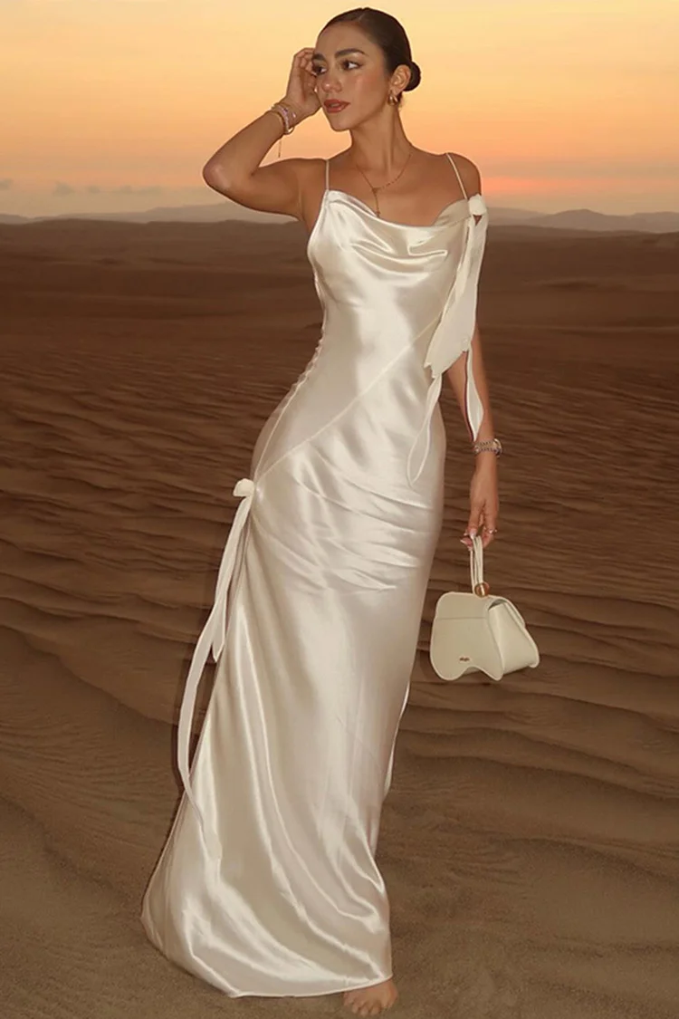 Semi Formal White Satin Backless Sheath Cami Maxi Dress