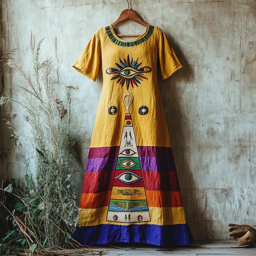 Ancient Egyptian Totem Embroidery Women's Linen Maxi Dress