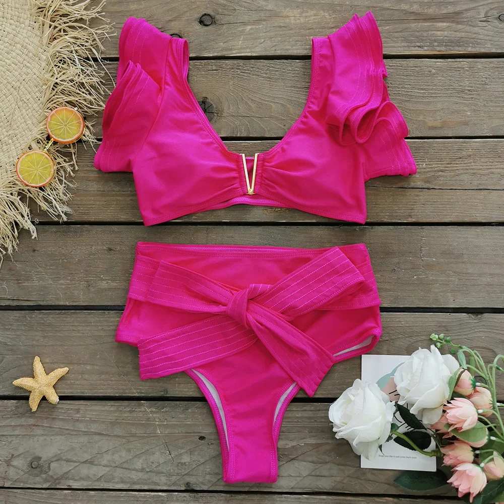 Uveng 2025 New Solid Color Split Body Swimsuit Female Heavy Industry Pressure Line Lotus Edges Sexy Bikini Swimsuit