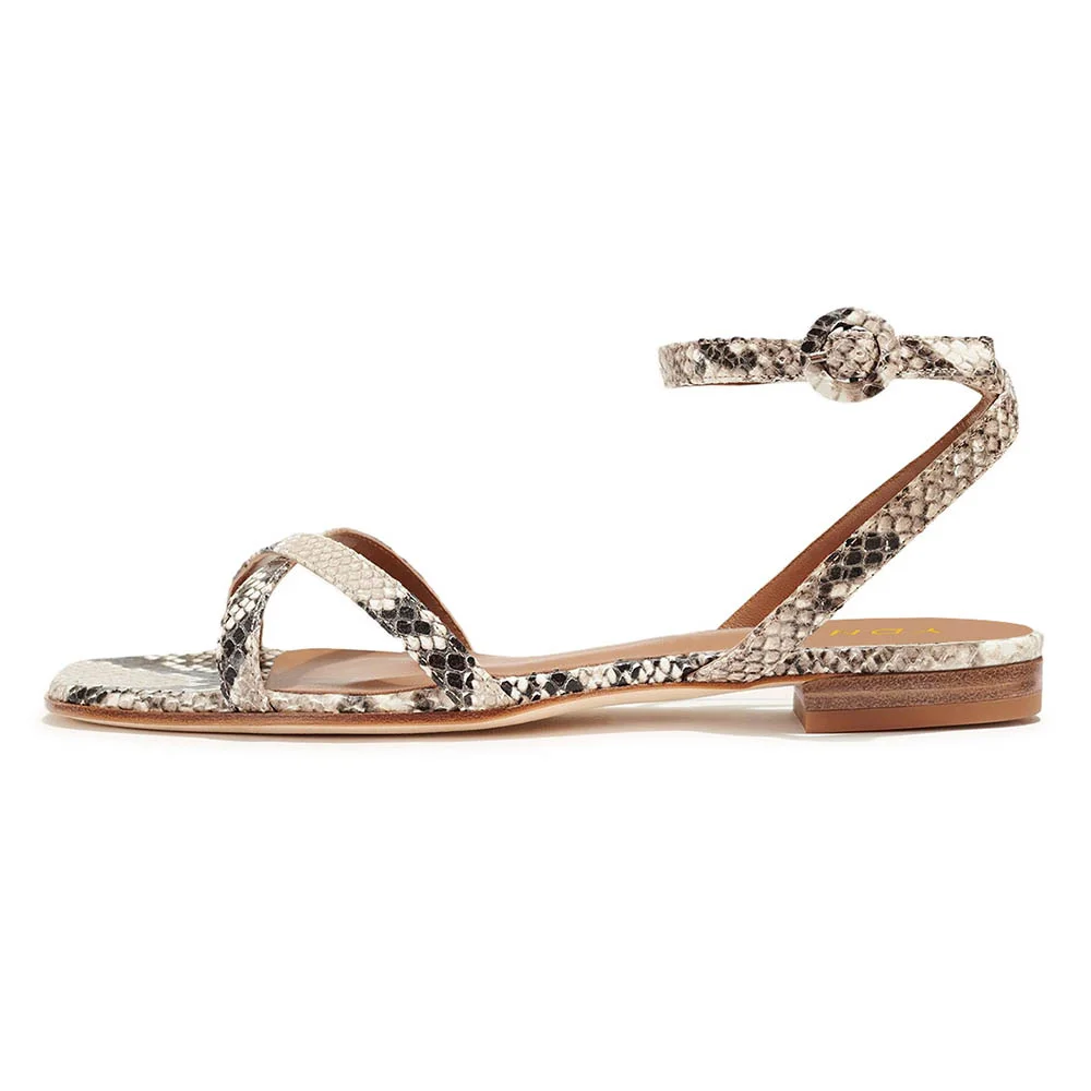 Beige & Grey Python Print Open Toe Ankle Strap Flat Women's Sandals