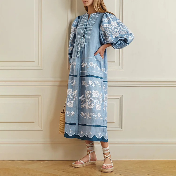 Puff Sleeve Geometric Print Casual Midi Dress