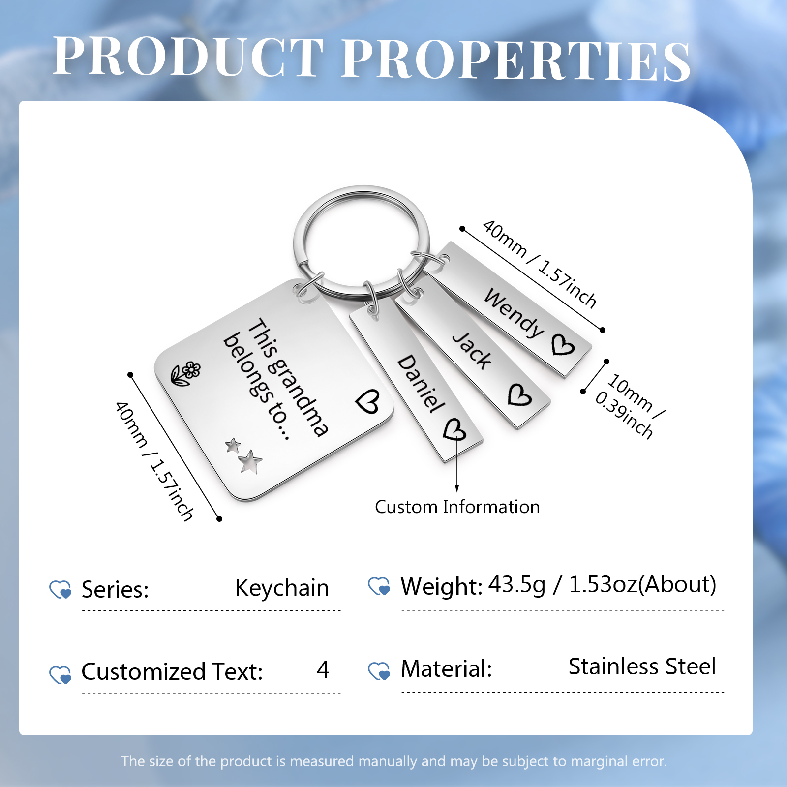 Personalised 3 Names & 1 Text Keychain Custom Family Keychain Gifts for Father/Mother/Grandma/Grandpa-Jessemade AU