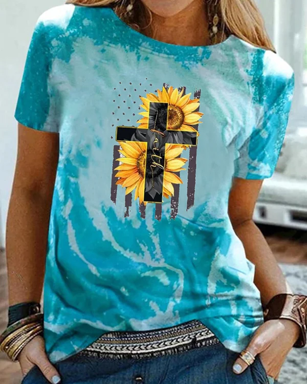 Women's Sunflower Faith Print Casual Short Sleeve T-Shirt