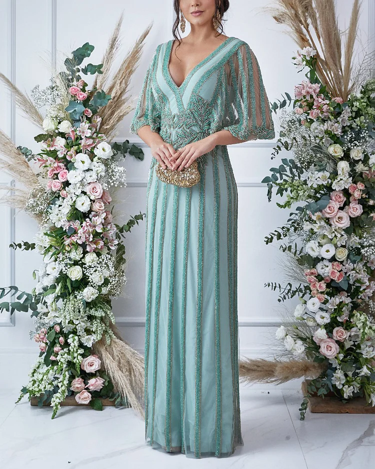 Women's V Neck Green Embroidered Dress